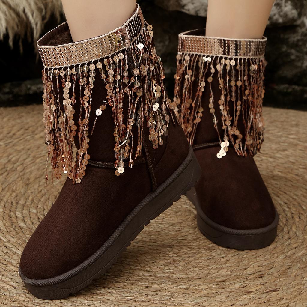 Women Snow Boots Bohemia Embroidery Fringed Decoration Boots Women 2025 Winter Platform Ankle Boots Thick Bottom Shoes Women