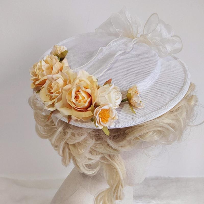 Exquisite Lolita Hat Flat Top Hat with Light Yellow Flowers All-match Bonnet Hat for Afternoon Pastoral Party Tea Party
