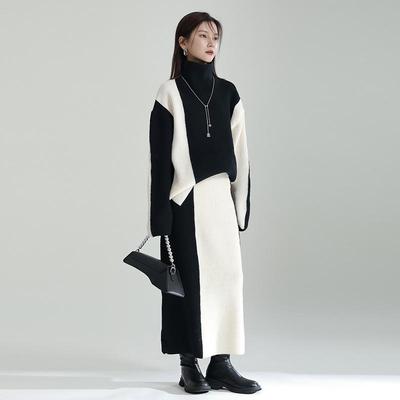 2025 Damen Schwarz-Weiß Patchwork Pullover Rock Set - Hoher Kragen, Langarm, Gestricktes Zweiteiliges Frühjahrsoutfit