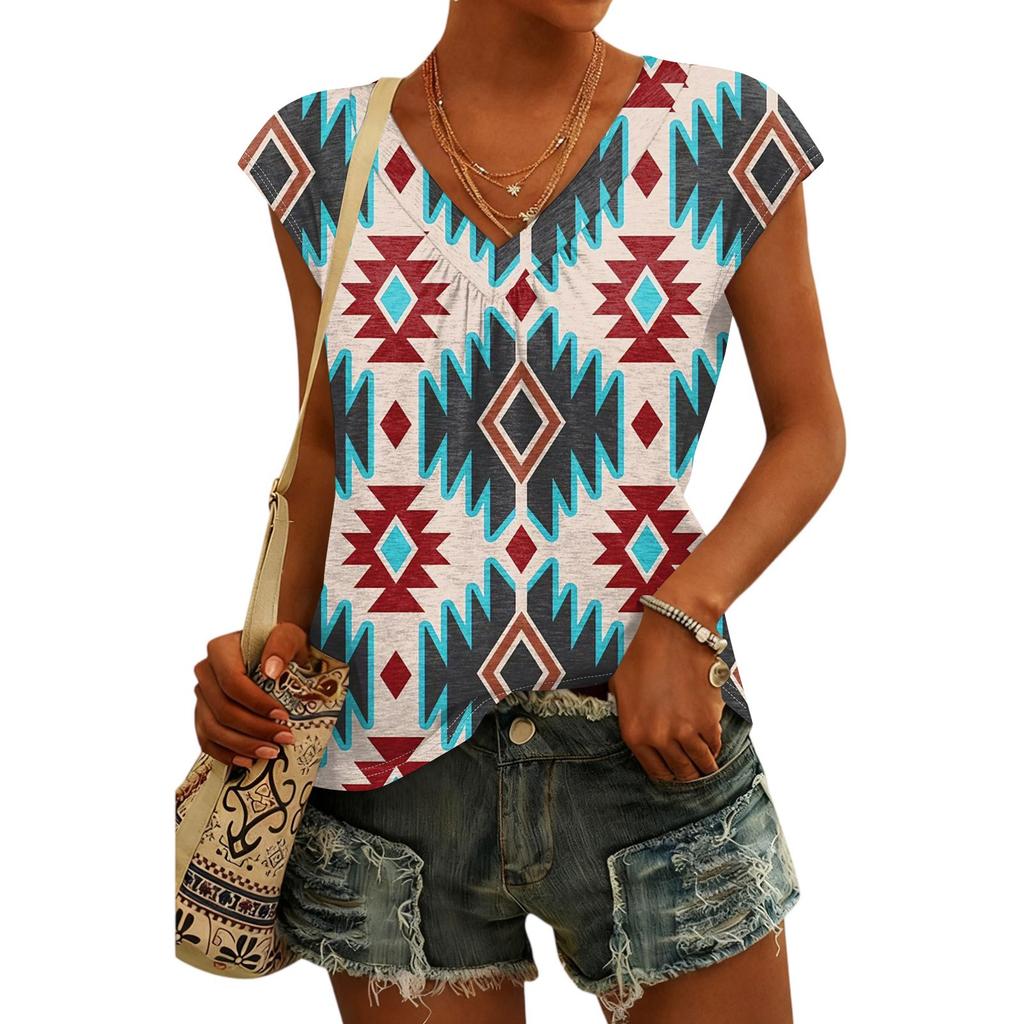 Women's Fashion V-neck Bohemian Print Short Sleeve Top