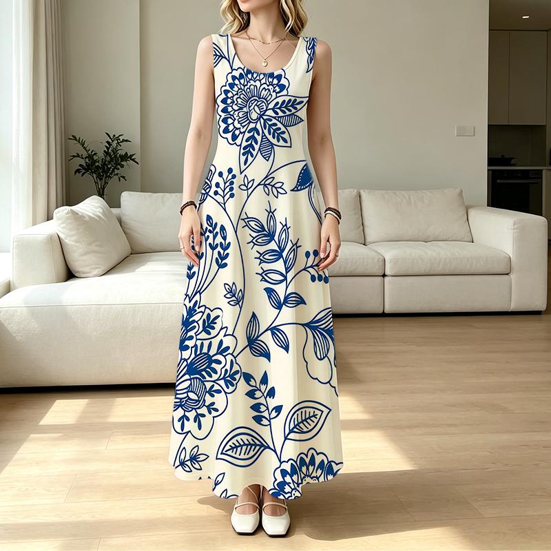 Urban Casual Floral Sleeveless Floor-Length Dress,Fresh Blue & White Lightweight Flowy,Stylish for Daily,Party,Travel