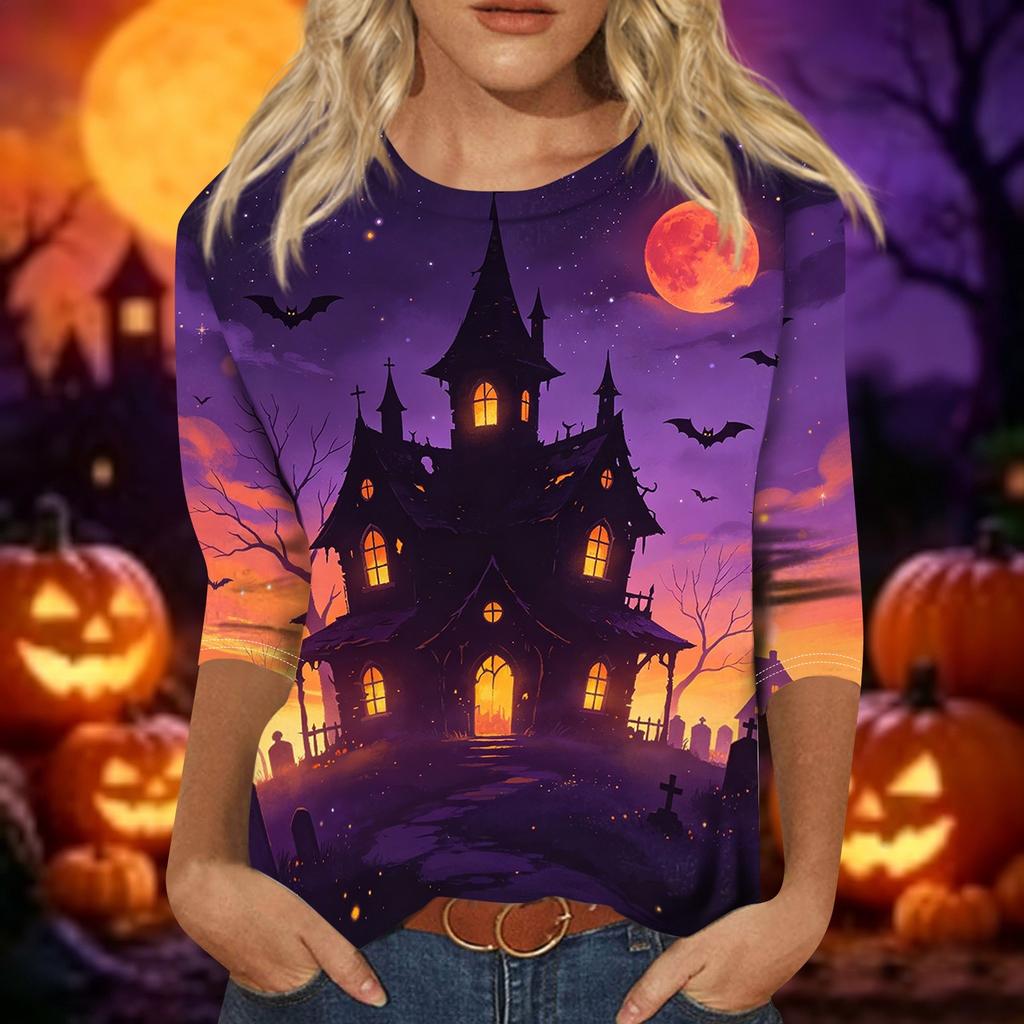 Women’s Casual Three Quarter Sleeve Crew Neck Top Tie Dye Halloween Themed Print Relaxed Fit Soft Fabric for Daily Wear