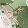 Quartz Movement Watch Women Rhinestone Leaf Round Dial Ladies Casual