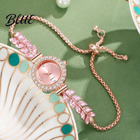Quartz Movement Watch Women Rhinestone Leaf Round Dial Ladies Casual