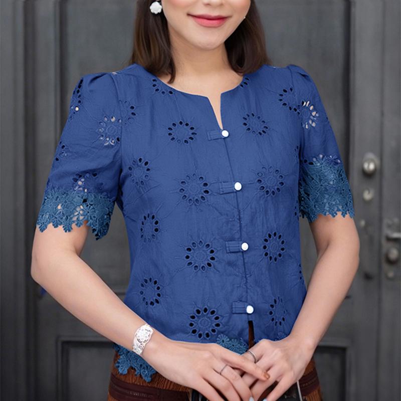ZANZEA Women Casual Round Neck Short Sleeve Lace Crochet Patchwork Blouse