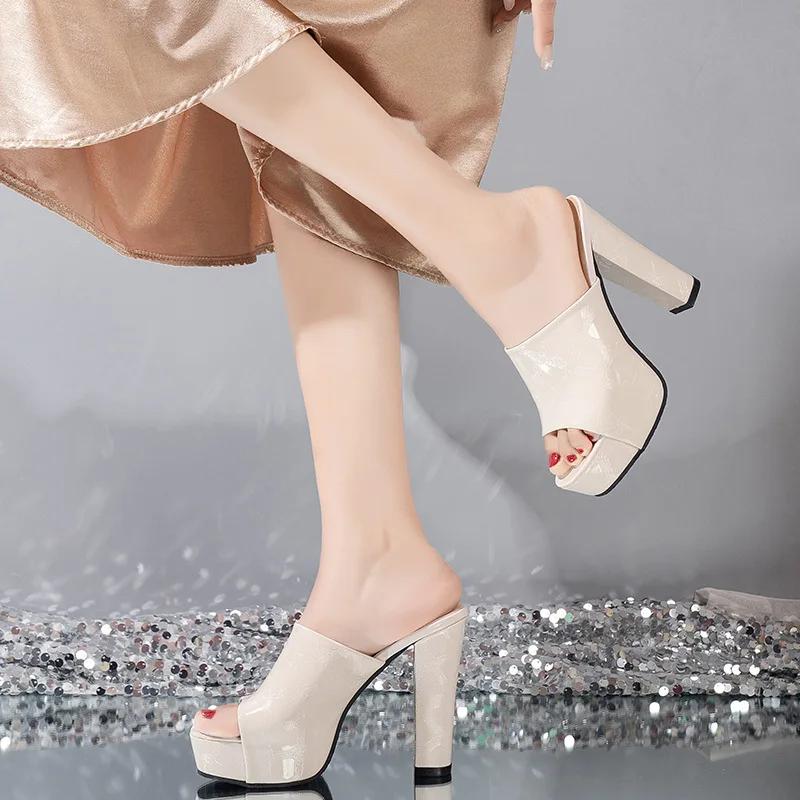 Fashion New Women's Sandals Summer Qulaity Chunky High Heels Platform Black Shoes Dress Party Lady Designer Women Slippers