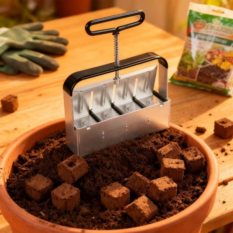 Manuelle Erdblockpresse für Anzucht und Pikieren 4 Erdblöcke mit Saatrillen Gartenwerkzeug