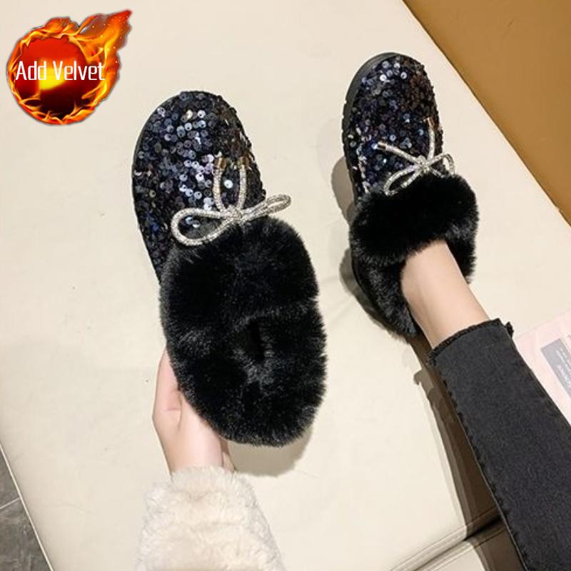 Sequins Bow Flat Snow Boots for Women Winter Round Toe Woman Shoes Padded Comfortable and Elegant On Offer Y2k Work Furry Boot