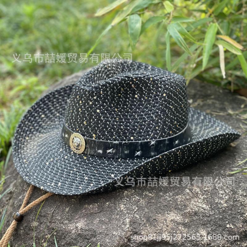 European and American lion head belt sequined straw hat spring and summer Tibetan hat for men and women sun protection shading mountaineering western