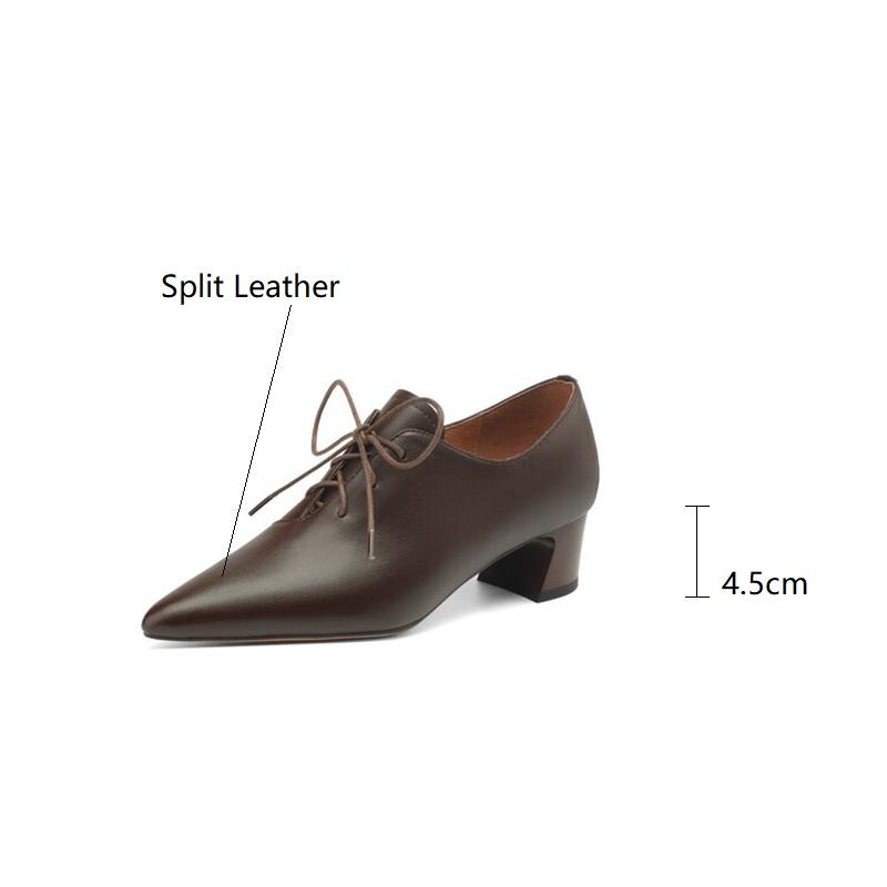 Fashion New Spring Split Leather Women Shoes Pointed Toe Women Pumps Chunky Heels Loafers Shoes for Women French Retro Lace Casual Shoes