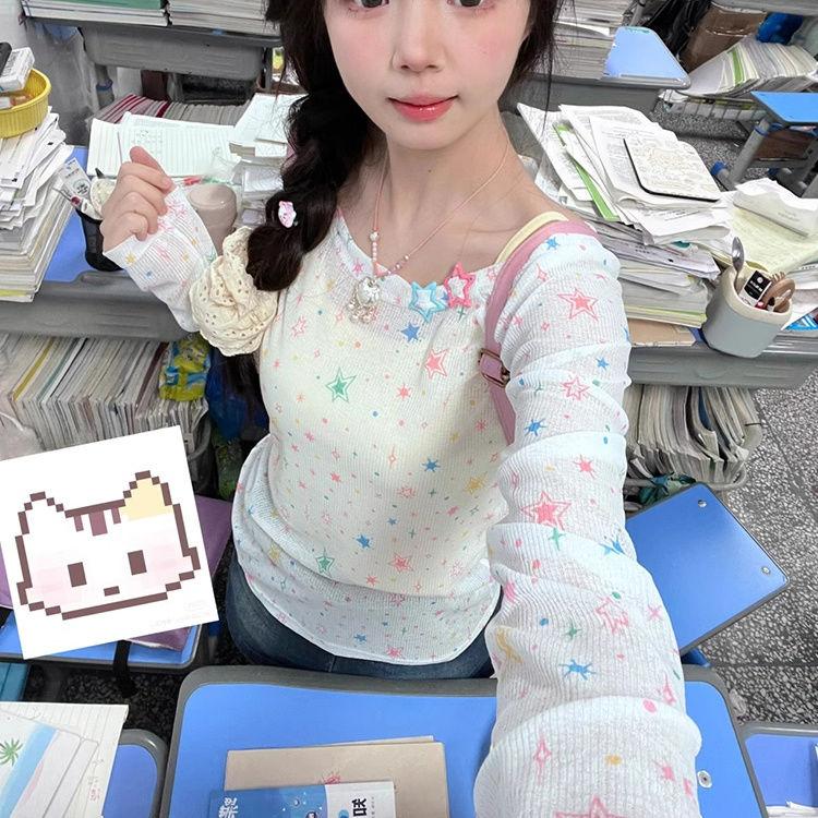 Hvězdný design Kryt proti slunci Potištěné tričko s dlouhým rukávem Slim-fit Jednoramenné Letní lichotivé topy s ochranou proti slunci pro pikantní dívky