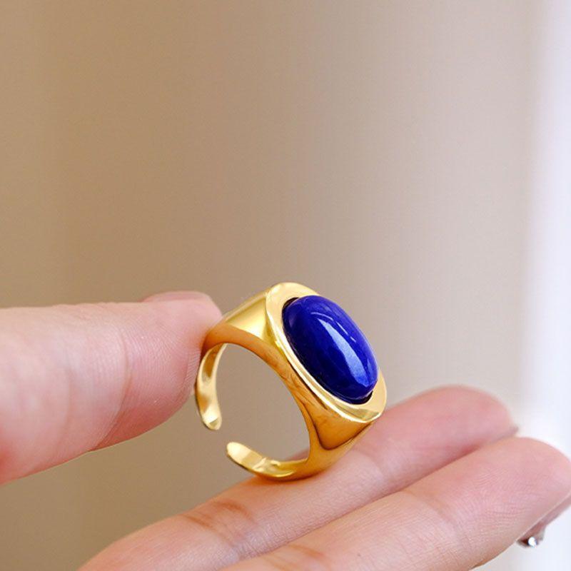 Simplicity Lapis Lazuli Rings For Women Original Design Glossy Oval Design Couple'S Ring Banquet Jewelry Adjustable Opening