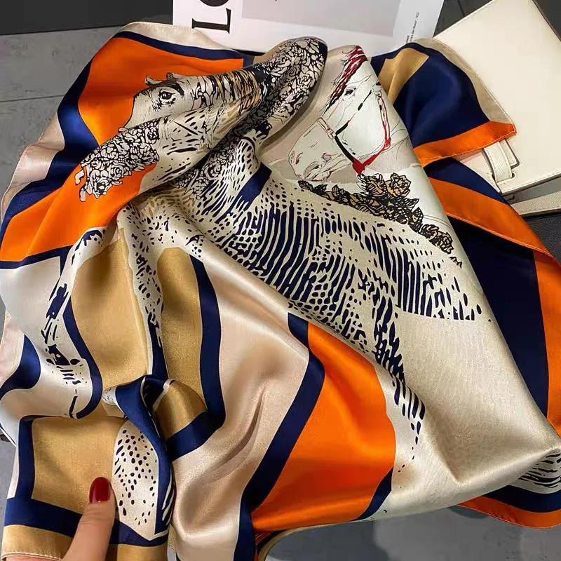 Square Scarf Handmade Shawl Headscarf Curling Geometric Striped Temperament Women'S Professional Square Silk Sunscreen New 90Cm