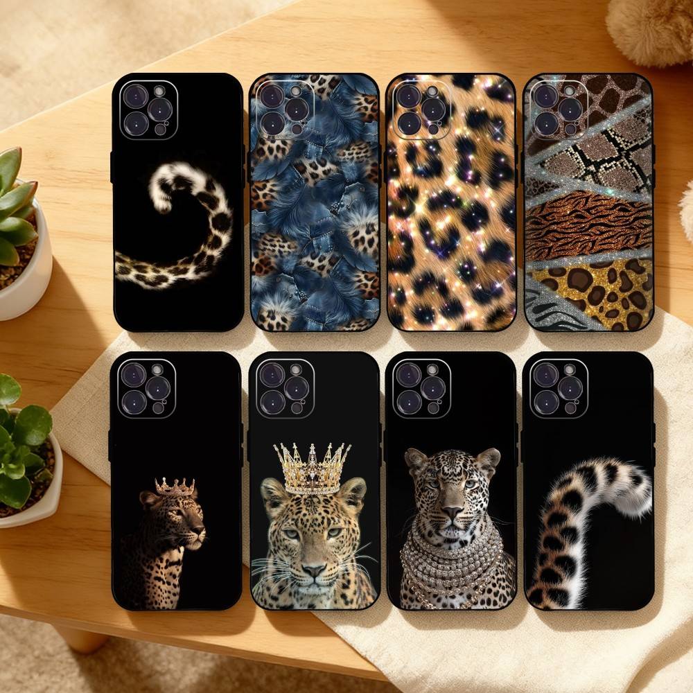 L-Luxury F-Fashion leopard Print Phone Case For iPhone17 16 15 14 13 12 11 Pro Max Plus,5G Soft Black Case