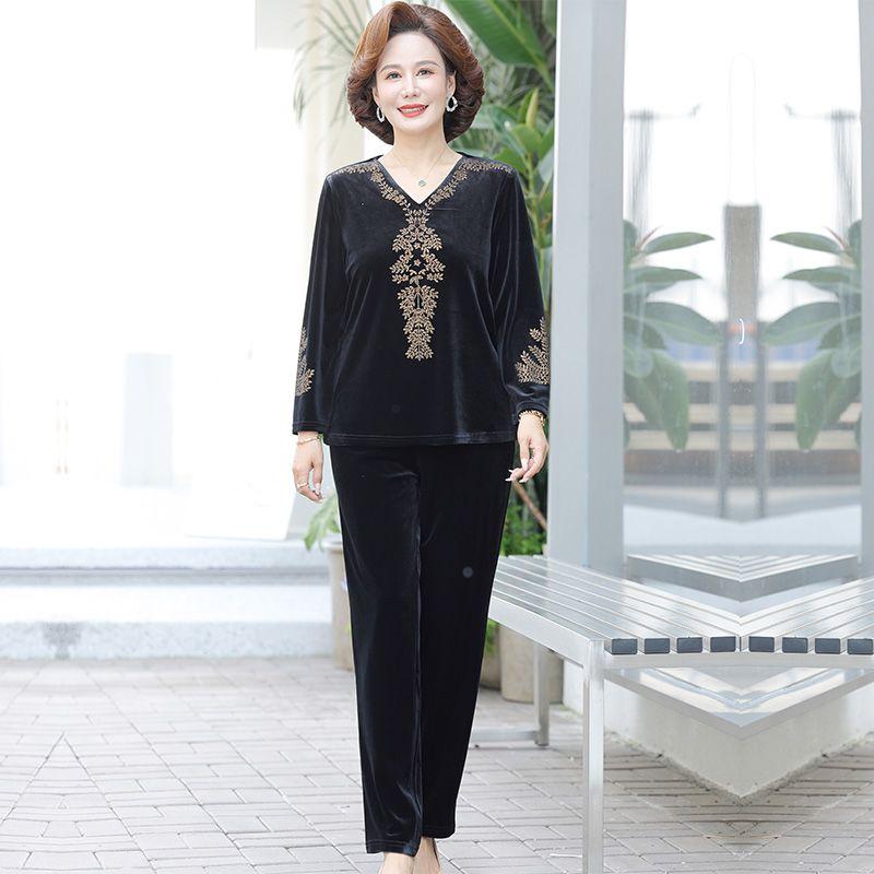 2pcs Pants Suits Spring Autumn Women's Gold Velvet Plus Size Blouse High-waist Velvet Harem Pants Two-piece Set