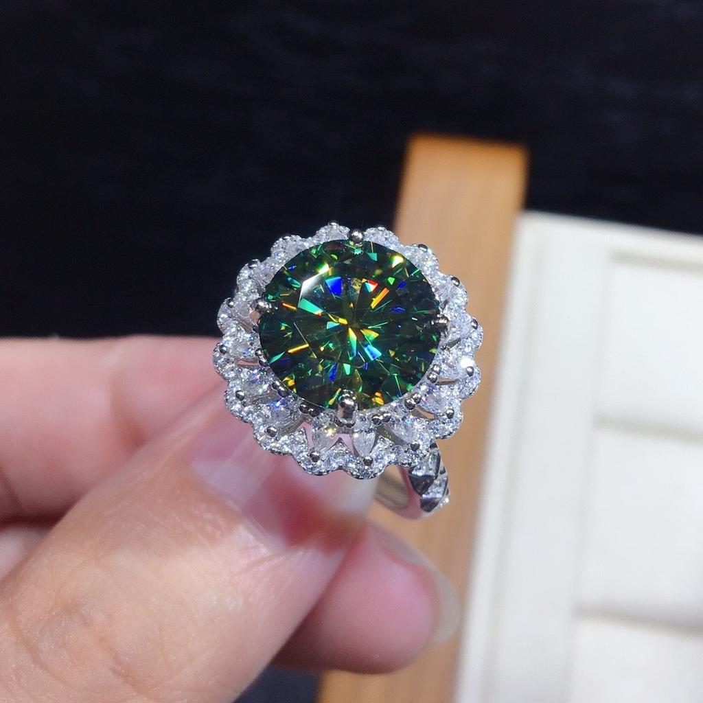 Set With Imitation Maldives Blue-Green Mozzarella Diamond Ring, Fire-Colored Sparkling Luxury Open Ring