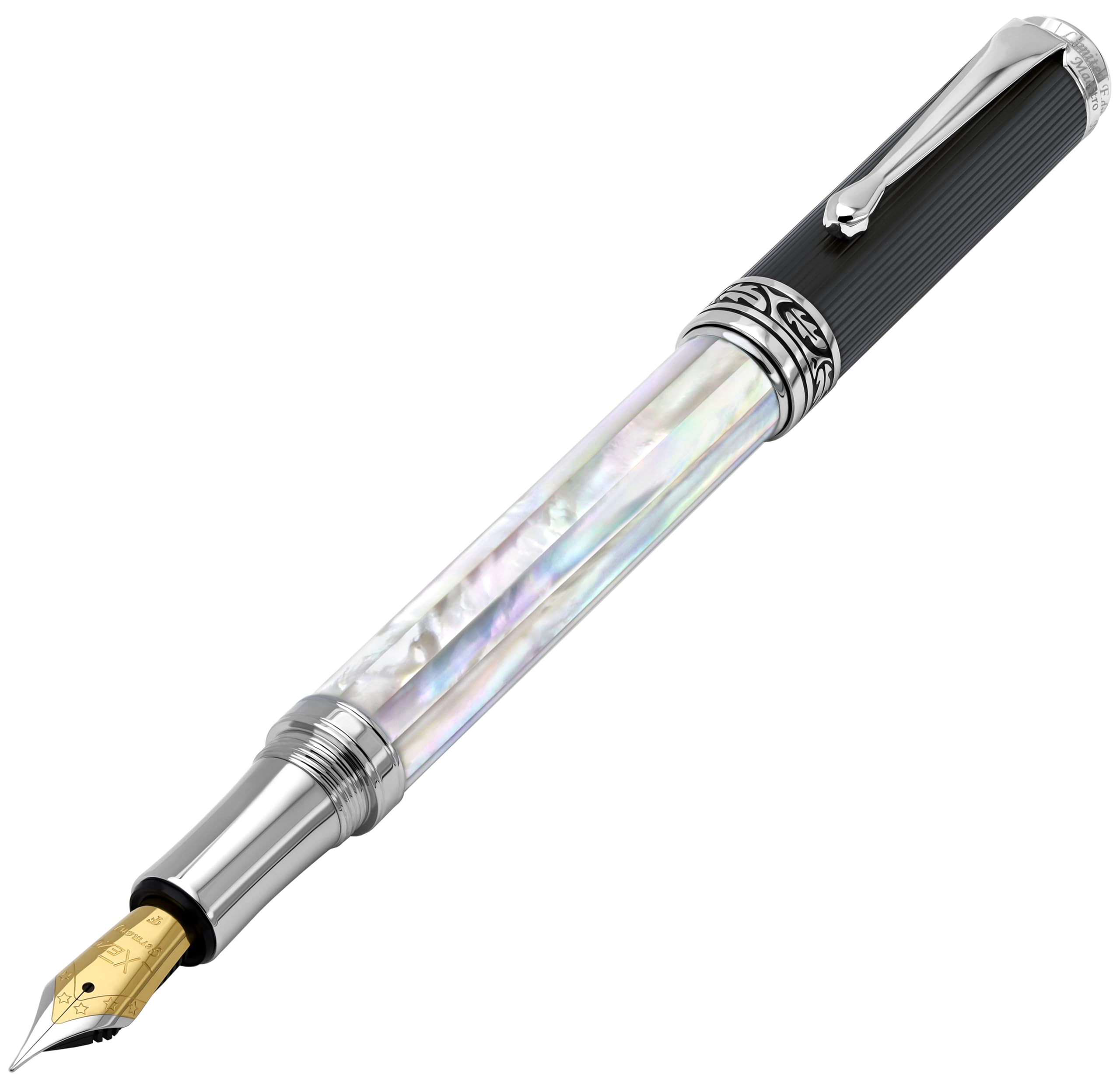 Zezo Maestro Series Handmade Rollerball Fine Iridescent White Butterfly Shell Carbon Serial Numbered Pen, Point, & Diamond-Like PVD,