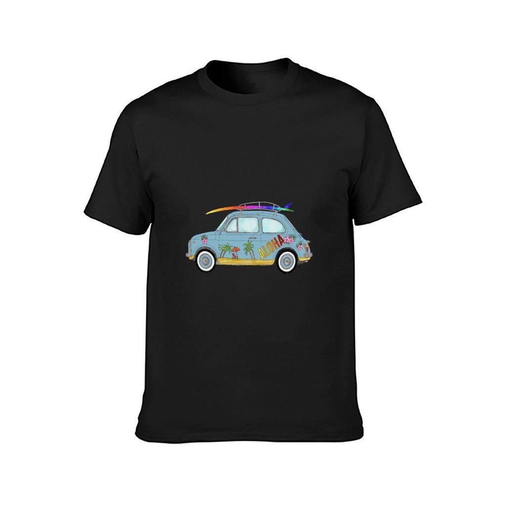 Fiat 500 with Surf Board T-Shirt Blanks Graphics Customs Heavyweight T Shirts for Men