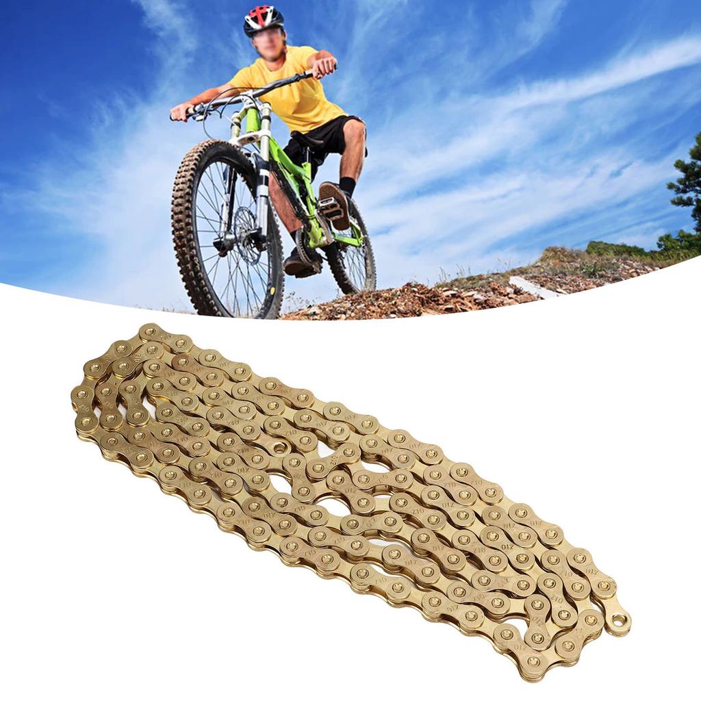 10-växlade cykelkedjor Helt pläterade i guld 116 länkar Cykelkedjor för landsvägs- och mountainbikes