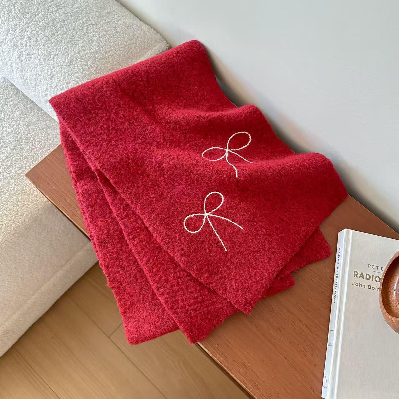 

Women s Bowknot Embroidered Knit Scarf: Soft, Solid Color, Warm Shawl for Autumn & Winter 135-175CM