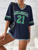 Neues Los Angeles Nr. 21 Bedrucktes T-Shirt Für Damen Sommer V-Ausschnitt Kurzarm Sport Fußballtrikot Y2K Locker Übertrieben Große Oberteile