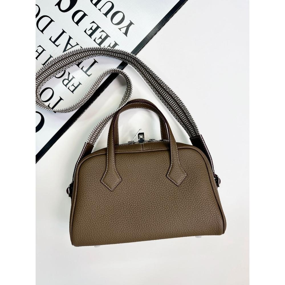 Handtasche in Bowlingkugelform aus echtem Leder, einlagige Umhängetasche aus TC-Rindsleder, Damen-Tragetasche mit breitem Schultergurt