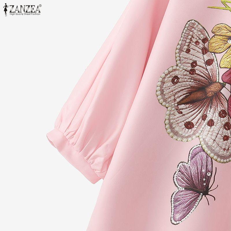 ZANZEA Women Casual Round Neck 3/4 Sleeve Loose Print Blouse