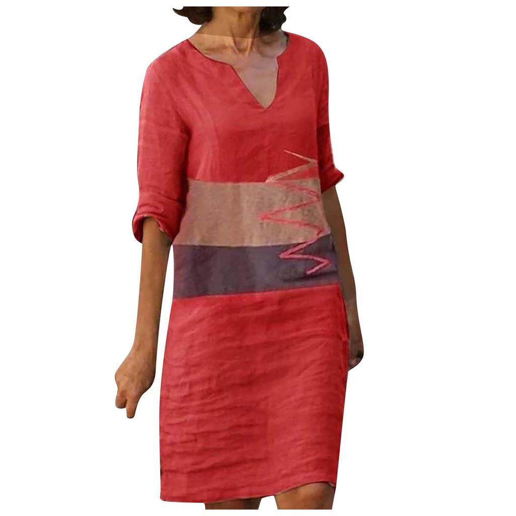 Women Summer V-neck Folk-custom Plus Size Print Loose Mid-sleeve Dress