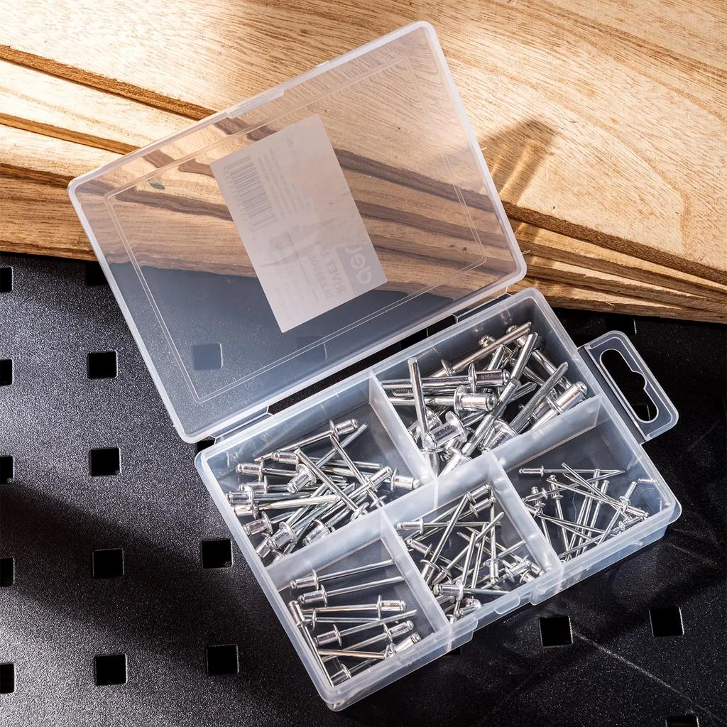 Deli 5-in-1 Nails Rivets Set Aluminium Dome Head Pop Rivets Head Blind Rivets Steel Shank Mandrel Exhaust Hand Tool for Home DIY