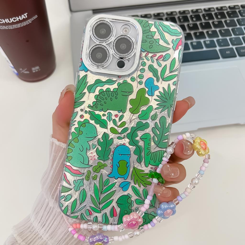 For iPhone 16 Pro Max Case IMD Cartoon PC+TPU Back Cover with Glass Lens Film,Beaded Strap