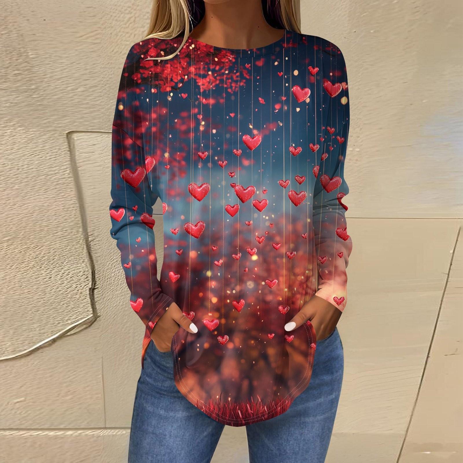

Women s Fashion Valentine s Day Love Heart Print Long Sleeve Loose Round Neck Long T-Shirt Top XXL тёмно-синий