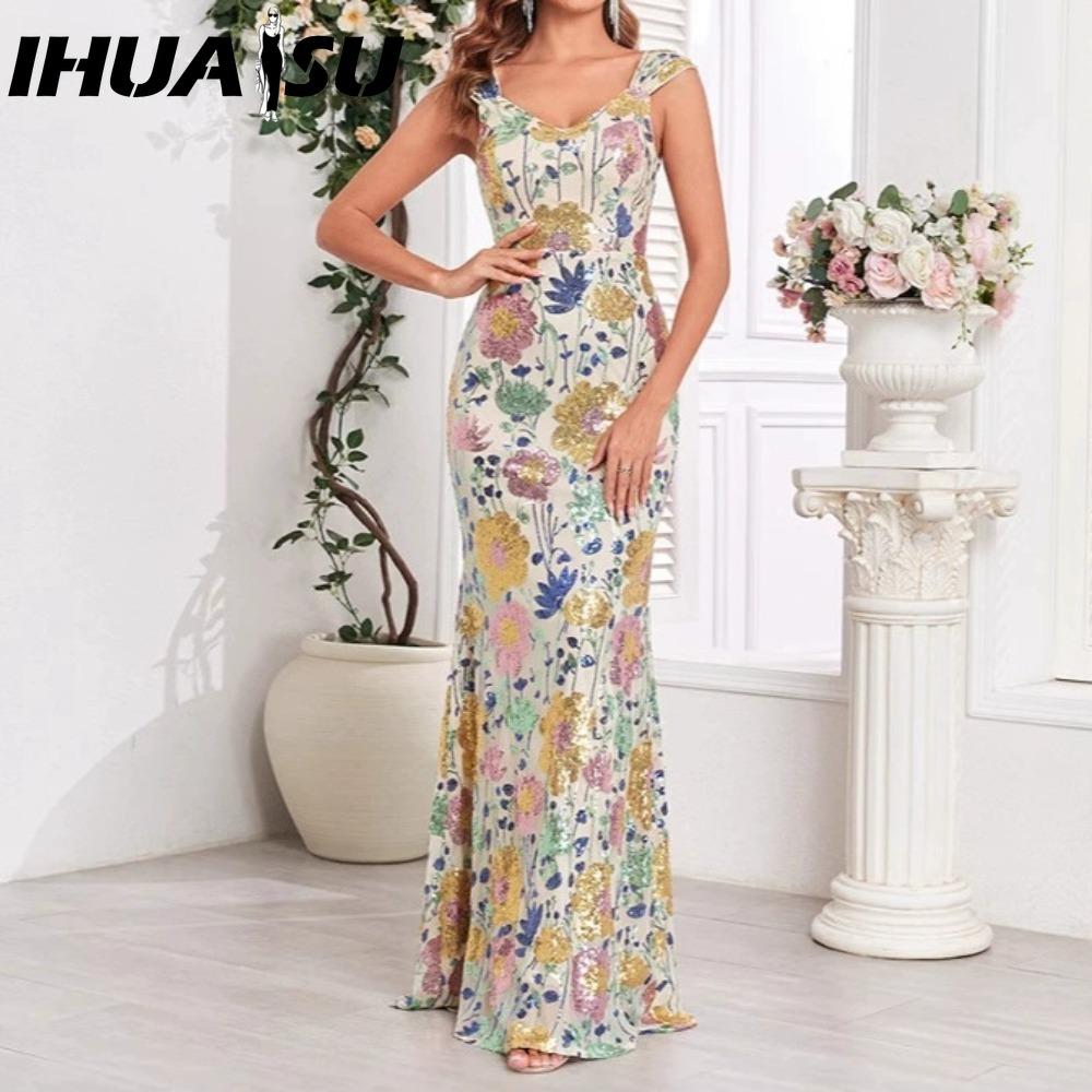 

IHUASU Women s Sleeveless Elegant Evening Dress, Double V-neck Sequined Embroidery Mermaid Evening Dress XL