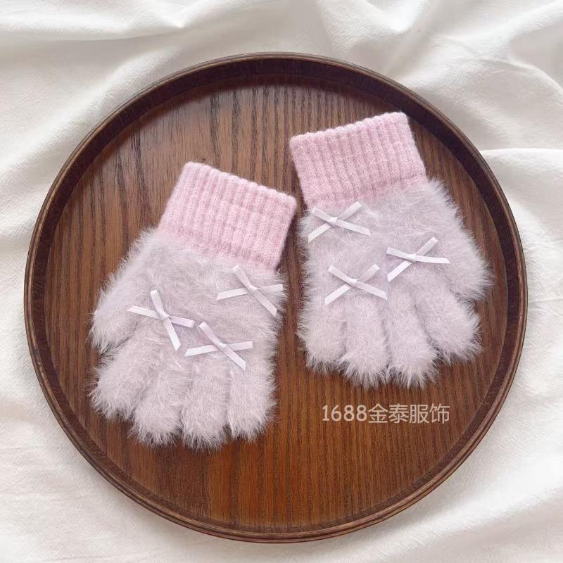 

- Годовалые перчатки-бантики из кроличьего меха, детские, для осени и зимы, утолщенные, теплые, пушистые, пятипалые перчатки 2-6 years old average size фиолетовый