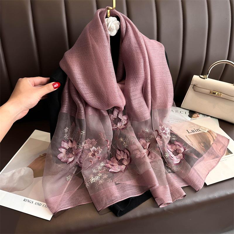 Hand-Embroidered Mulberry Silk Scarf - Elegant Spring & Autumn Shawl