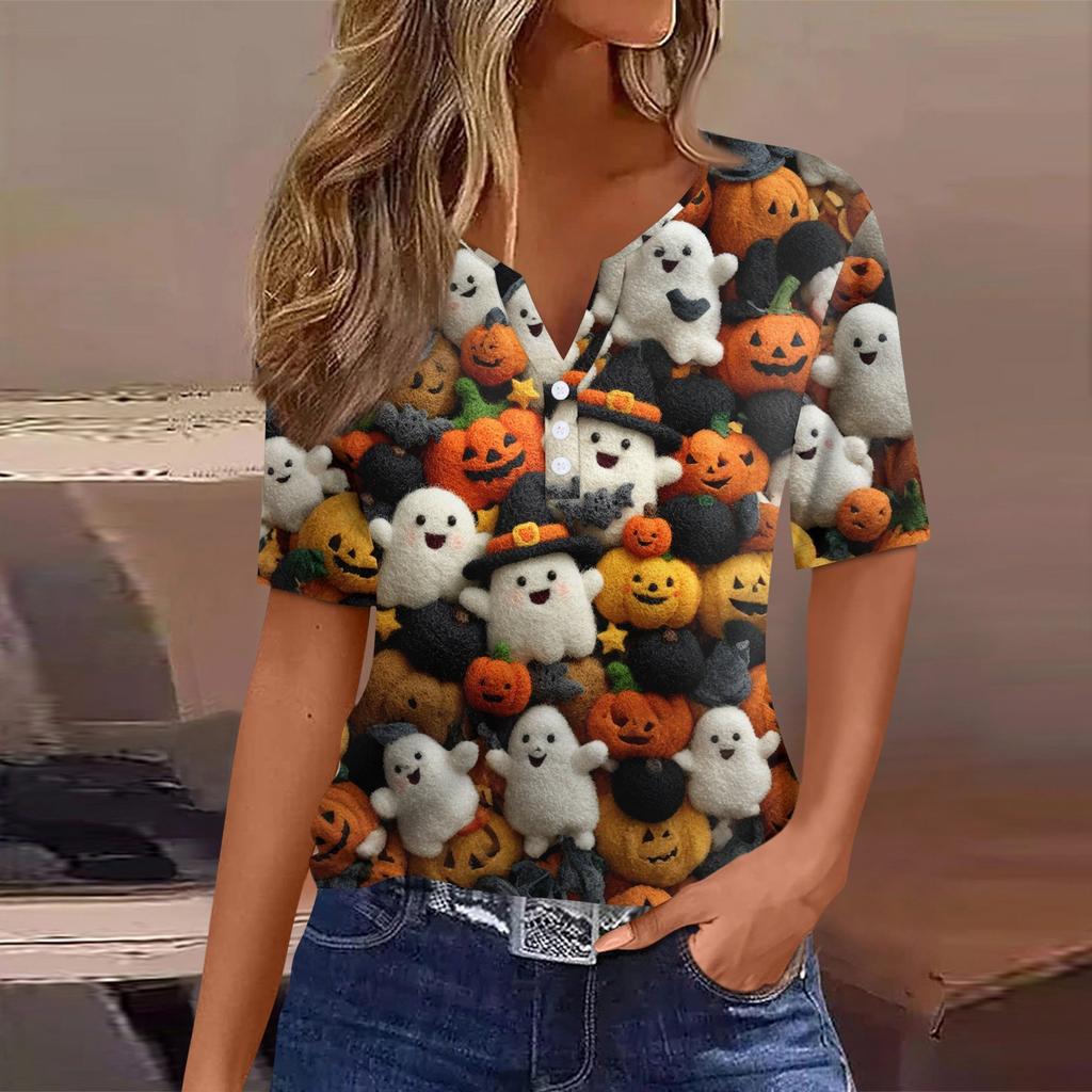 Damen T-Shirt Halloween Bedruckt Knopf Kurzarm Tunika Täglich Wochenende Mode Basic V-Ausschnitt Reguläres Oberteil