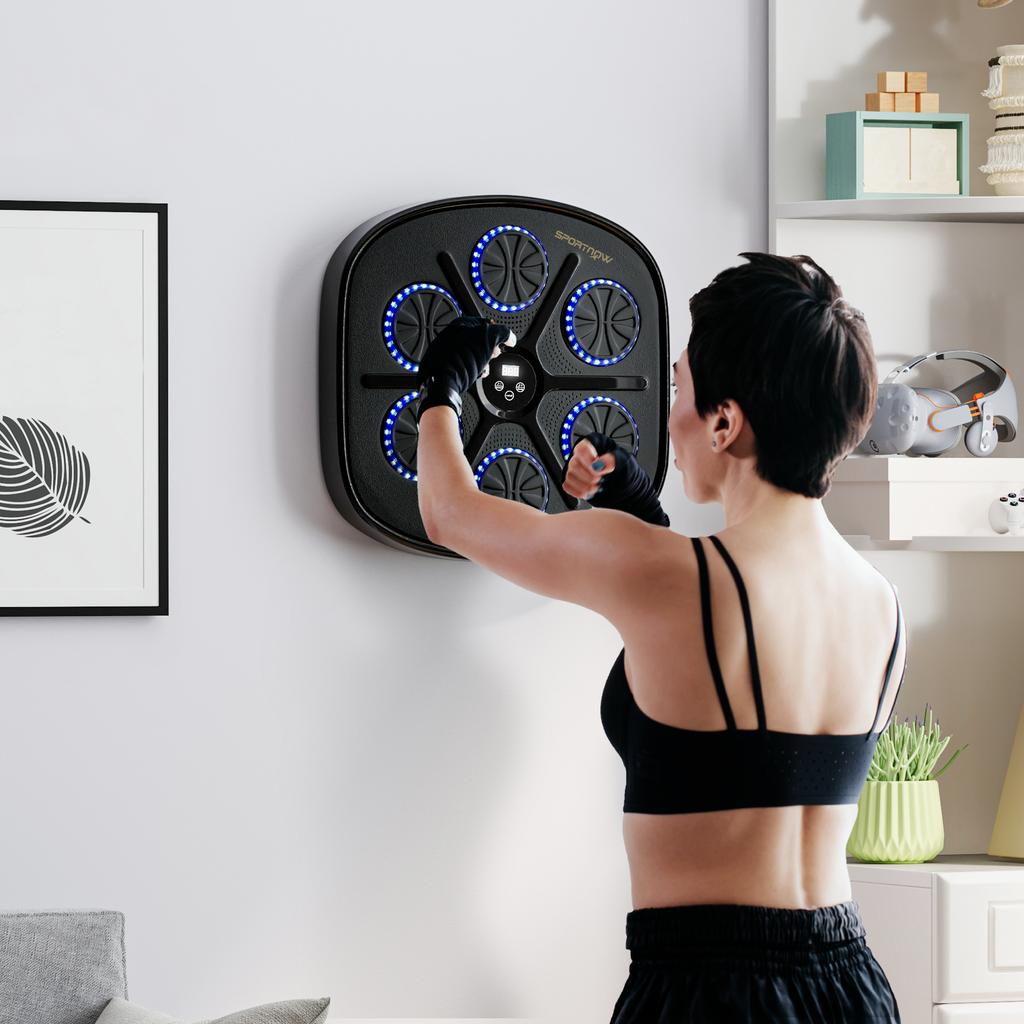 Music Boxing Machine, Smart Bluetooth Boxing Machine Wall Mounted with 9 Speeds & Modes, LED Lights and Gloves, Punching Pad for Adults, Black