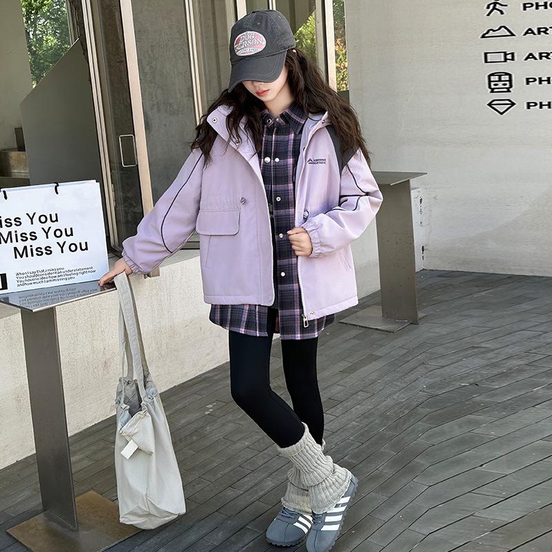 

Girls Winter 2025 Fleece-Lined Hooded Coat - Stylish, Warm, Thick, Casual Windbreaker for Big Kids 150 cm фиолетовый