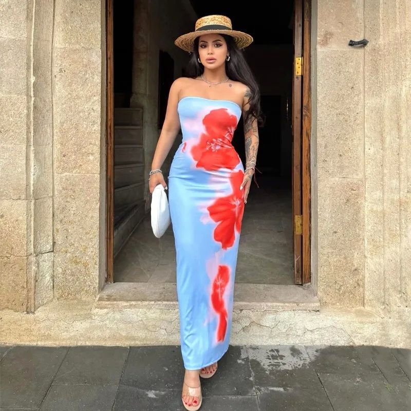 Women's Printed Strapless Split Hip Dress Floral Print Slit Sheath Dress