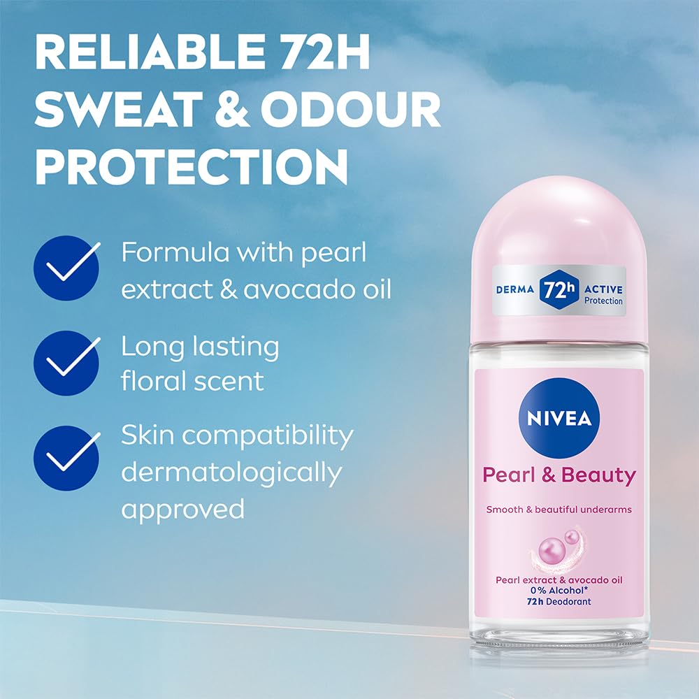 Nivea Pearl and Beauty 50ml Deo Underarm Roll On | With Pearl Extracts & Avocado Oil | 72 H Long Lasting Floral Scent