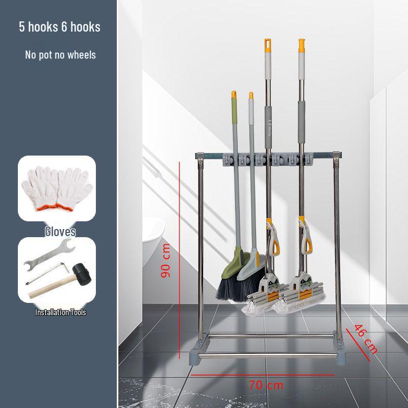 Movable Stainless Steel Mop Storage Rack with Hooks for Floor-Standing Draining in Schools and Factories