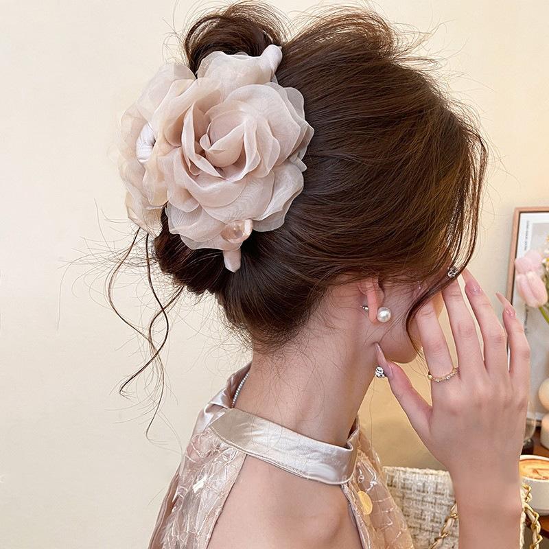 Acrylic Fabric Mesh Rose Pearl Hairpin Fashionable and Sweet Grab Clip Commuting Versatile Hair Accessories Headgear