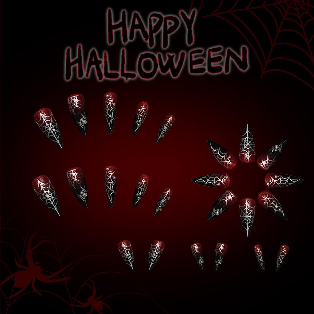 Halloween Press On Nails Almond Fake Nails Spider Acrylic Nails Glossy False Nails Stick On Nails Full Cover Fake Nails