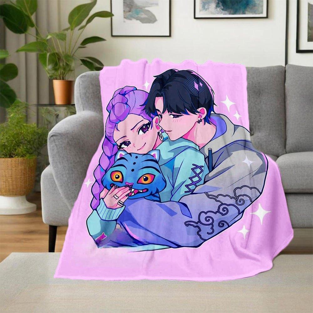 "Vivid Anime Couple with Cute Cat Hoodie Set"Blanket Lightweight Flannel Throw Blanket for Sofa, Bed, Travel, Camping, Livingroom, Office, C