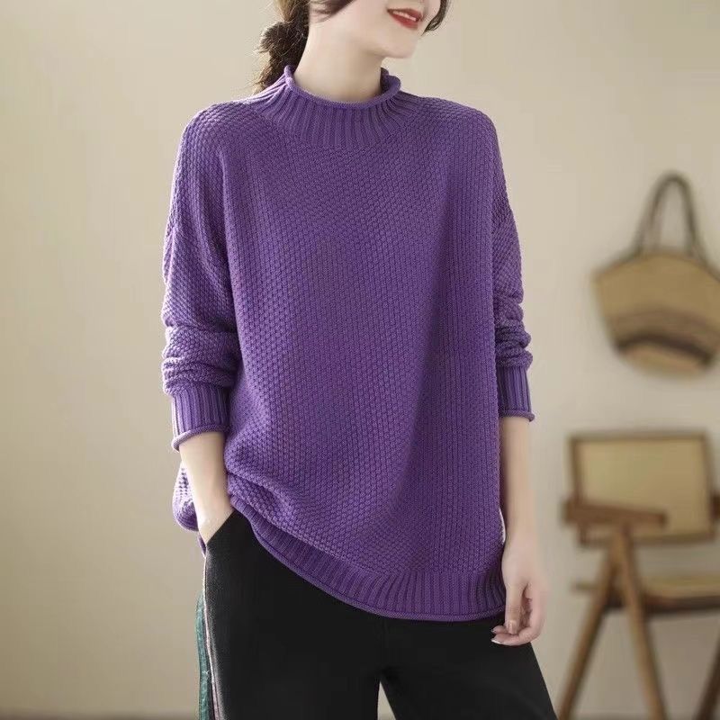 Women's Loose Stand Collar Sweater Autumn Winter Vintage Soft Skin-Friendly Solid Color Sweater