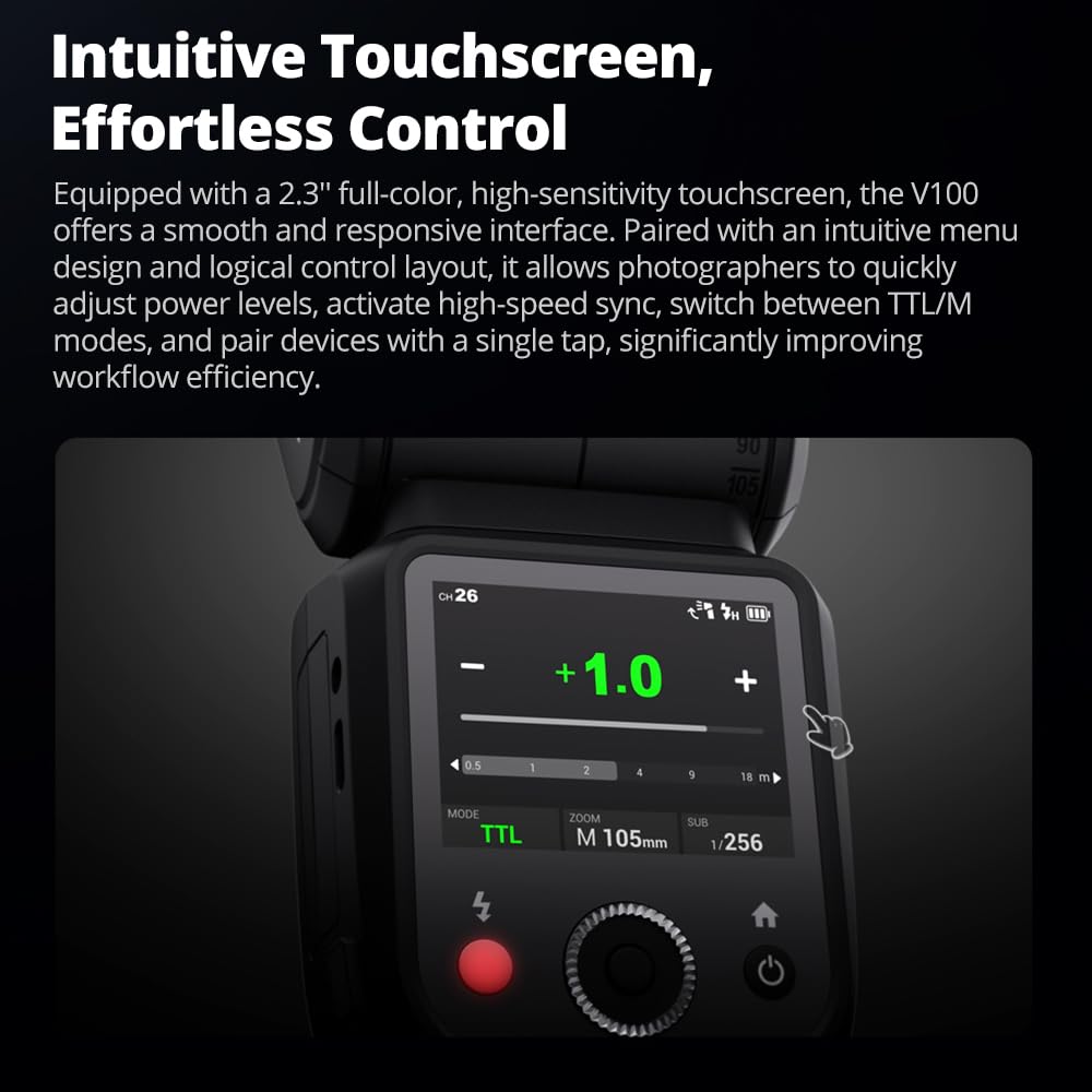 Godox V100N 100Ws Round Head Camera Flash Speedlite with External 400 Recycle LED Modeling TTL Touchscreen for Nikon V100-N Flash, 2.4G Wireless,