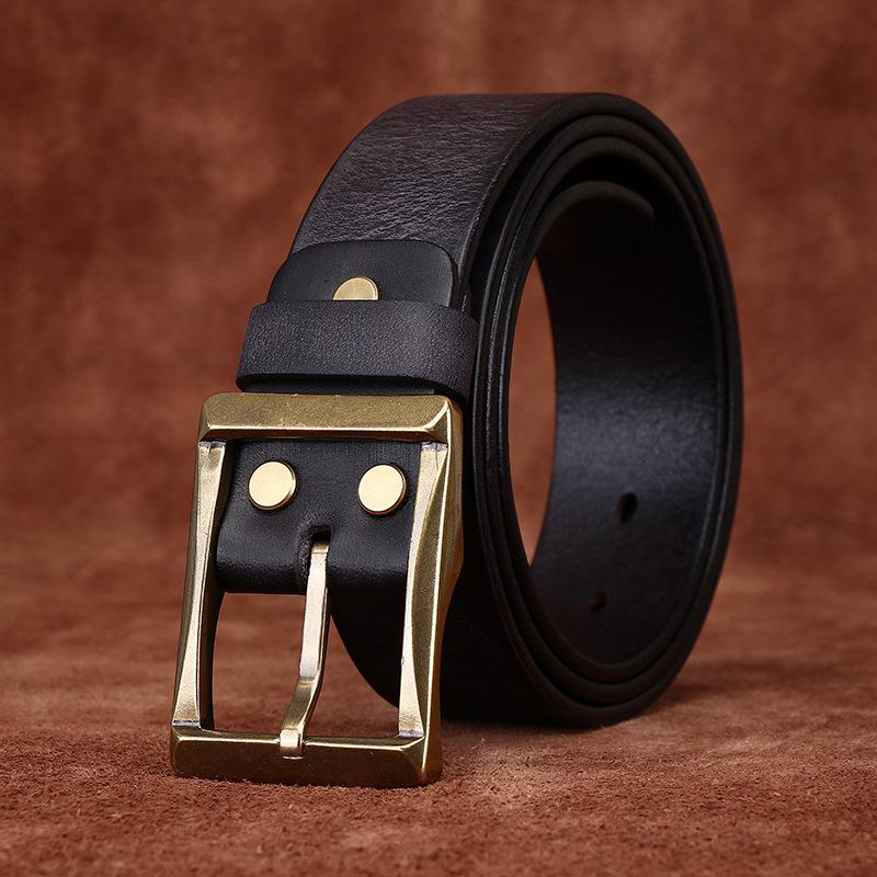 Retro Style Belt American Hand-Frosted Men'S Belt First Layer Pure Cowhide Copper Buckle Jeans Genuine Leather Belt