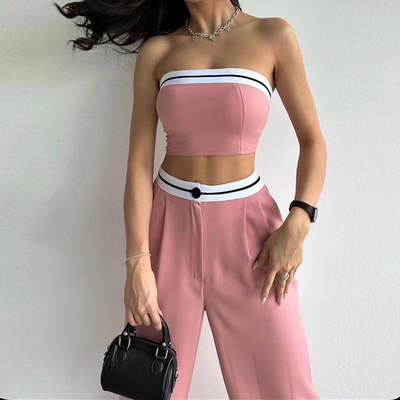

Fashion Contrast Color Tube Top Vest Loose Pants Suit Chest Wrap and Wide Leg Pants Set Pink M