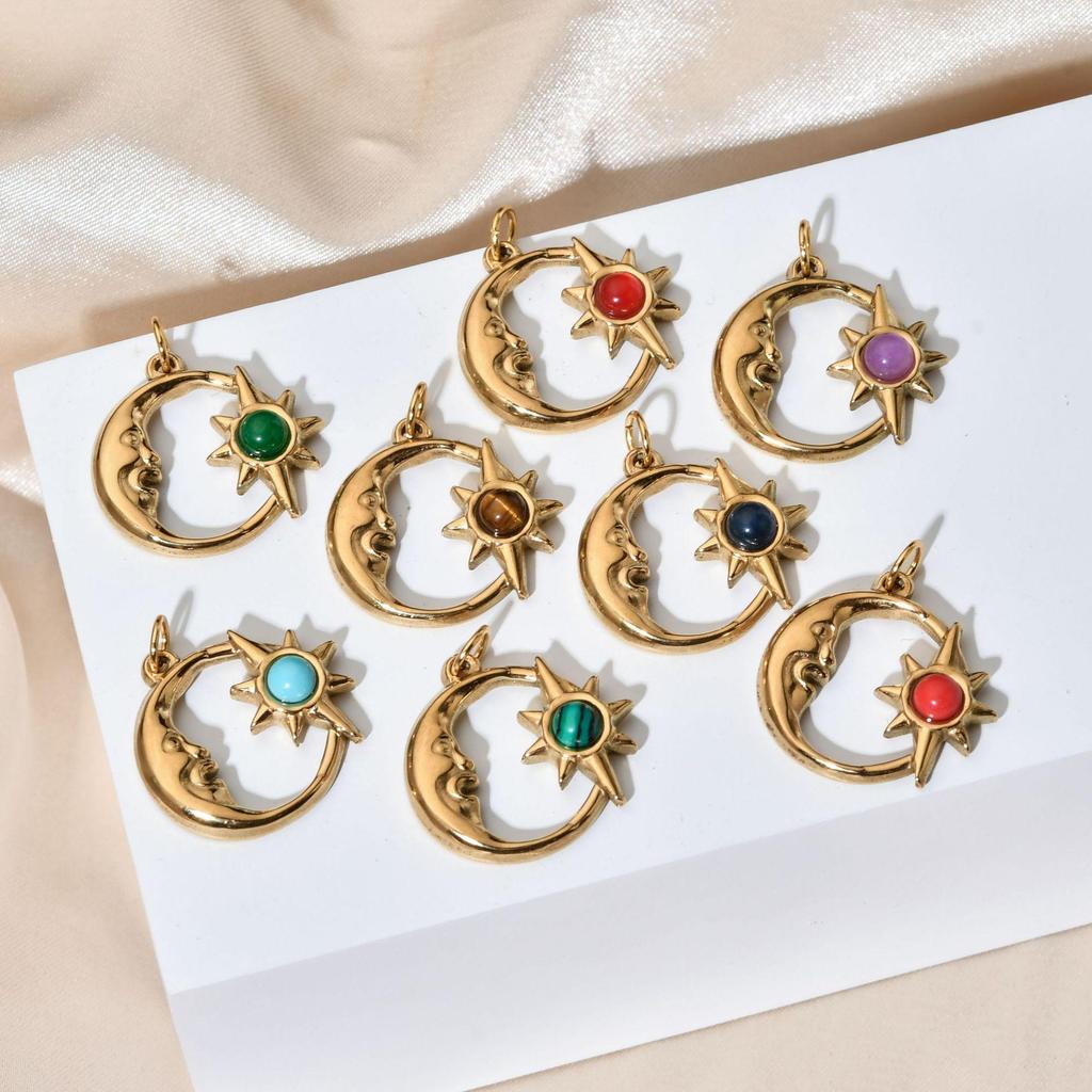 European Retro Sun and Moon Stainless Steel Pendant with Semi-Precious Stone Charm for Women.