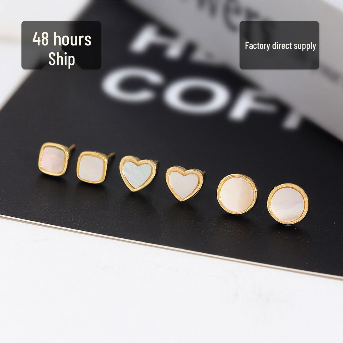 Gold-Plated Geometric Stud Earrings - Set of 3 Pairs: Square, Heart, and Round with White Mother-of-Pearl Real Gold Plated, Long-lasting Color