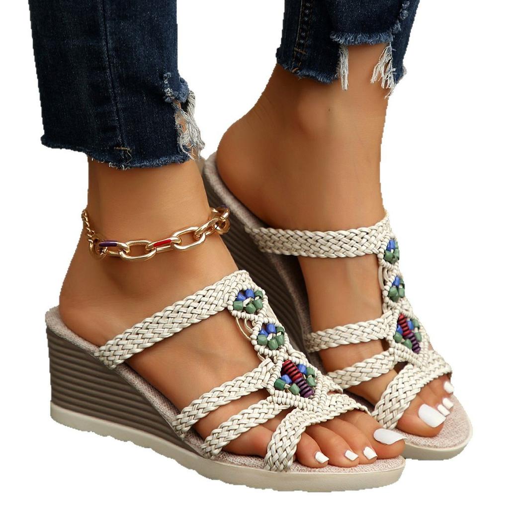 Plaid Thick-soled Slope Heel Cool Slippers Women's Summer New Light Outer Wear Beach Sandals
